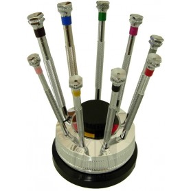 Set of 9 screwdrivers in a revolving base
